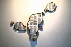  Title: Diary 18: Metropolitan Ave / Medium: Cauterized bible pages on laser cut glass / Size: Variable Dimensions / Year: 2014