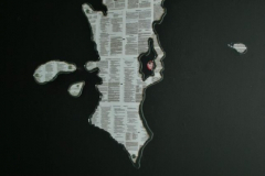 Title: Diary 16: Manila / Medium: Cauterized bible pages on laser cut glass / Size: Variable Dimensions / Year: 2014